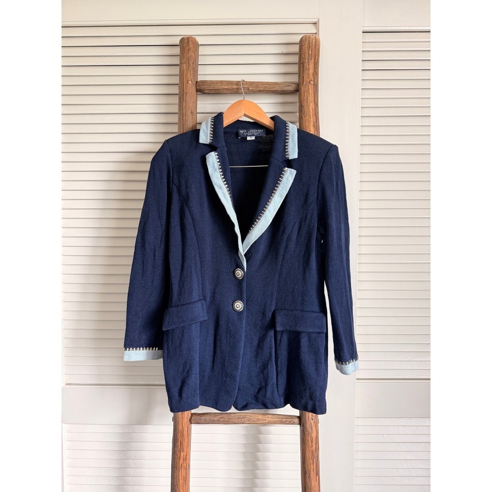 Vintage St John Collection Navy Blue Knit Blazer Women Size 2 Two Button